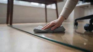 Easy cleaning and maintenance of a durable glass floor mat using a damp microfibre cloth.
