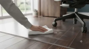 Wiping down a low-maintenance transparent chair mat with a damp cloth.