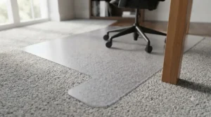 Transparent chair mat featuring an extended lip to fit neatly under a standard office desk.