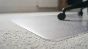 Close-up of heavy-duty clear vinyl material on a transparent office chair mat.