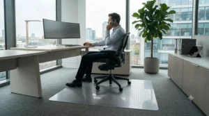 Transparent office chair mat deployed on commercial-grade carpet tiles