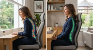 Side-by-side comparison of slouching versus using a back support cushion for scoliosis for spinal alignment.