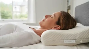Side profile of a person maintaining a neutral spine posture with a specialist neck pillow.