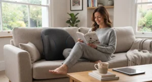 Everyday back support cushion for scoliosis resting on a sofa to provide lower back relief at home.