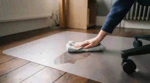 Wiping down a waterproof chair mat for gaming chair with a damp cloth for effortless upkeep