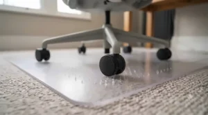 Easy-to-clean transparent floor mat protecting a high-traffic carpeted hallway