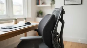 Ergonomic lumbar support pillow fitted to a modern home office chair to improve posture.