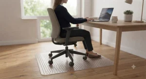 Modern ergonomic study room setup featuring an office chair on a clear protective floor mat.