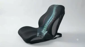 Side profile diagram illustrating natural spine alignment using a full back support cushion.