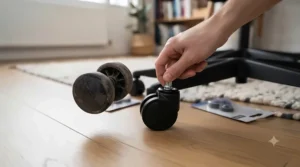 Pushing a new replacement office chair castor firmly into the base socket until it clicks.