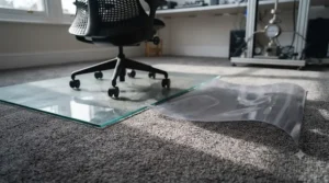 Demonstration showing a rigid glass chair mat lying completely flat compared to curling plastic alternatives.