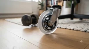Soft-tread replacement castors protecting a hardwood laminate floor from scratches.