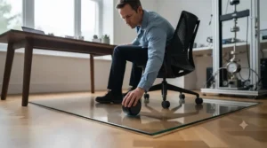 Heavy office chair rolling smoothly over a toughened glass floor mat without sinking or scratching.