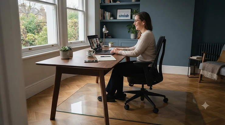Side-by-side comparison of a glass chair mat and a plastic floor protector in a UK home office. glass chair mat vs plastic chair mat