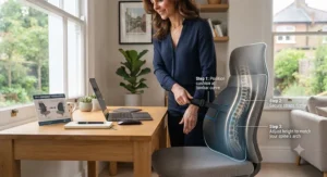 Step-by-step visual guide on positioning a back support cushion for scoliosis correctly on an armchair.
