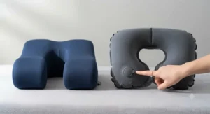 Comparison layout of inflatable and memory foam neck support pillows for holiday travel.