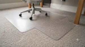 Lipped rectangular chair mat positioned neatly underneath a study desk