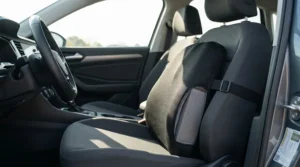 Full back support cushion fitted securely onto a car seat for long-distance driving comfort.