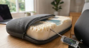 Close-up of high-density memory foam inside a breathable back support cushion for scoliosis relief.
