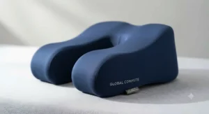 Side view of a contoured memory foam travel pillow showing firm jaw and chin support.