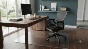 Sleek UK home office setup featuring a discreet transparent chair mat under the desk.