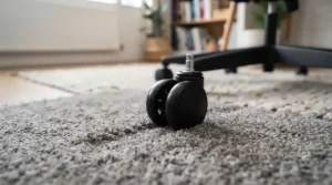 Hard nylon replacement castors rolling smoothly across a carpeted office floor.
