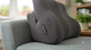 Close-up of memory foam back support cushion showing contoured lumbar curve support.