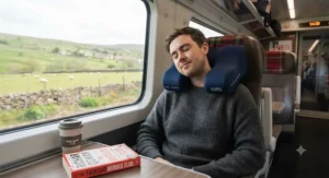 Passenger resting comfortably with a supportive neck pillow during a commuter train journey.