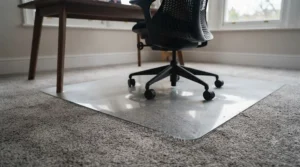 Clear plastic chair mat with gripper spikes designed to stay secure on deep-pile office carpets.
