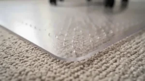 Close-up of a clear chair mat featuring gripper studs designed for deep-pile carpets