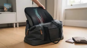 Lightweight full back support cushion being packed into a travel bag for portable use.