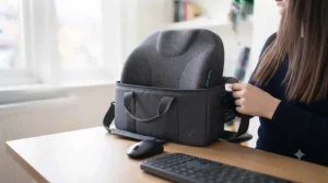 Portable back support cushion for office chairs being carried easily for hybrid working.