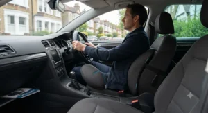Portable back support cushion for scoliosis fitted securely onto a car seat for long journeys.