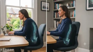 Comparison graphic showing slumped posture versus supported posture with a full back support cushion.