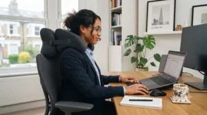 Professional working at a computer desk using a supportive head and neck cushion