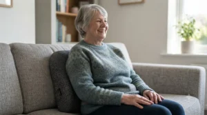 Older woman smiling while sitting upright with a supportive back cushion on her sofa.