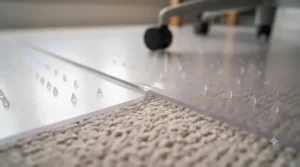 Clear protective mat preventing castor wheel wear and tear on a bedroom carpet