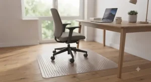 Rectangular chair mat fitted neatly under a workspace desk on a hard wood floor.