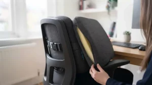 Removable and washable fabric cover of the office chair back support cushion.