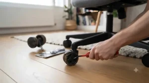 Step-by-step guide showing how to pull a worn-out castor out of a desk chair base.