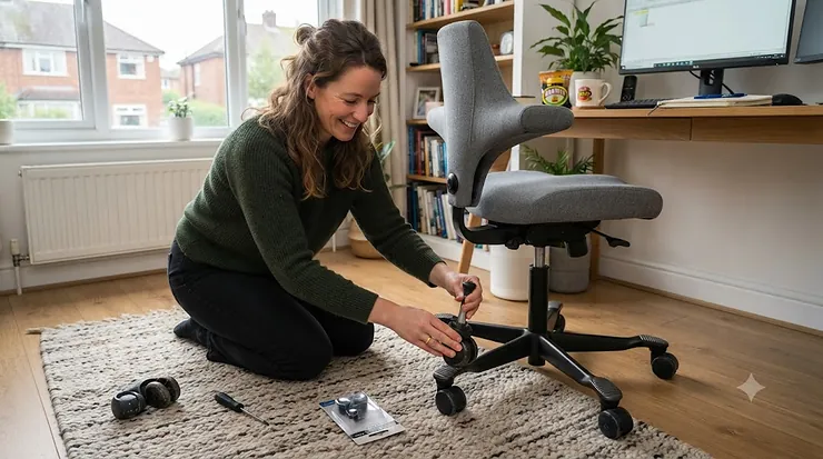 Replacement office chair castors fitted to a swivel desk chair in a home office. replacement office chair castors