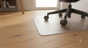 Transparent floor protector mat safeguarding a natural timber floor from caster wear.