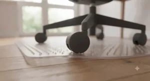 Office chair caster rolling effortlessly across a scratch-proof transparent floor protector.