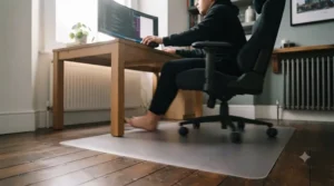 Gamer smoothly rolling castors across a clear chair mat for gaming chair during a match