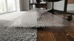 Underside of a studded transparent chair mat designed to prevent slipping on office carpet.