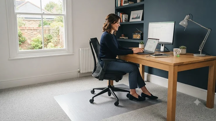 A durable transparent chair mat protecting a home office carpet, designed for UK workspaces. transparent chair mat for office
