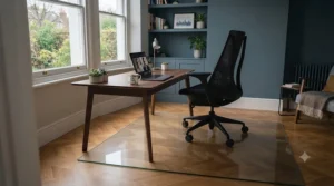 Sleek transparent glass chair mat blending seamlessly into a modern British living room workspace.
