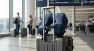 Travel neck pillow securely clipped to the exterior handle of a cabin suitcase.