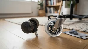 Comparison of standard twin-wheel office chair castors and smooth-rolling rollerblade wheels.