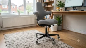 Fully assembled desk chair sitting on a rug with upgraded replacement castors installed.